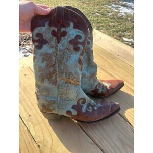 LANE Dawson Women's Cowgirl Leather Boots | Snip Toe Distressed Brown Teal| 9.5
